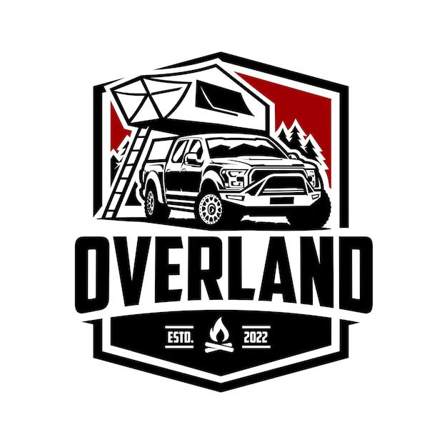 Overland camper truck emblem badge ready made logo vector aislado en fondo blanco. Lo mejor para cámara