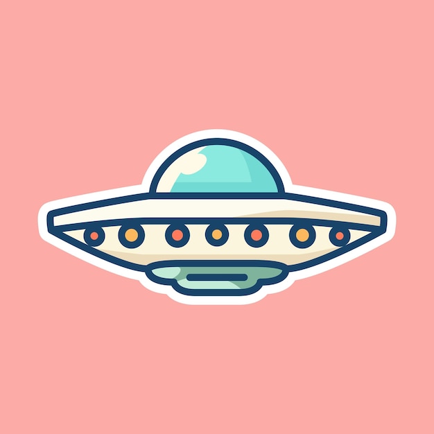 Un OVNI en forma de disco plano con luces en un fondo rosado Ilustración de dibujos animados