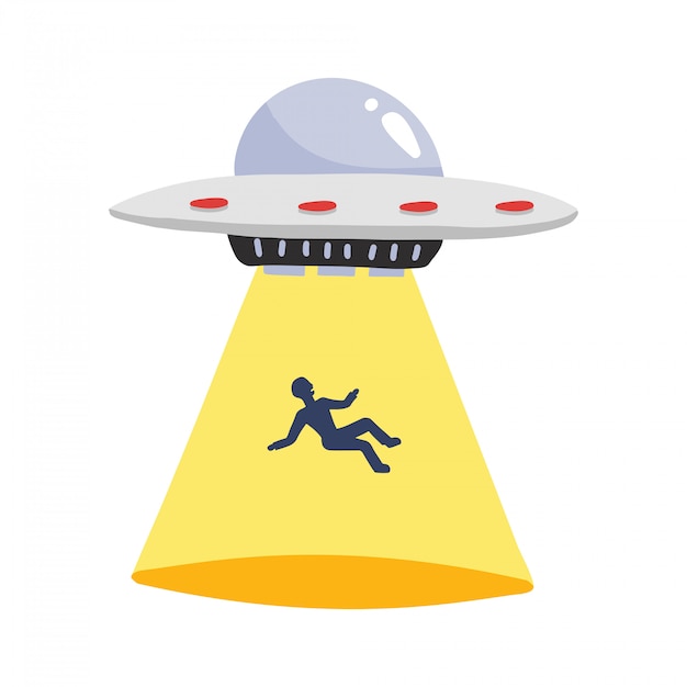 OVNI secuestra a humanos. Nave espacial UFO rayo de luz con silueta de hombre, ilustración