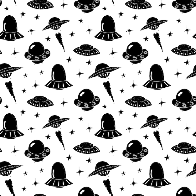 Ovnis y alienígenas patrón sin costuras Ilustración vectorial de dibujos animados