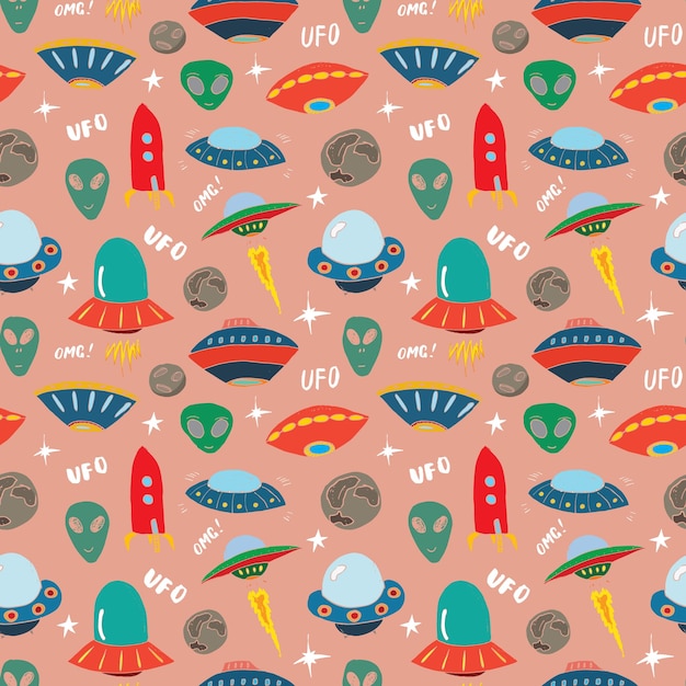 OVNIs y alienígenas Patrón sin costuras Lindo dibujos de barcos espaciales dibujados a mano Ilustración vectorial de dibujos animados