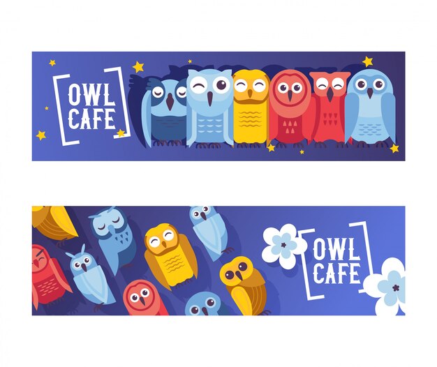 Owl cafe conjunto de banners ilustración vectorial. Cute dibujos animados sabios pájaros con alas de diferentes colores