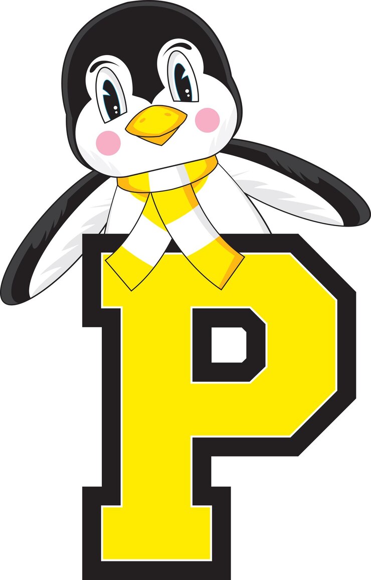 Vector p es para pingüino en bufanda de rayas amarillas aprendizaje del alfabeto ilustración educativa
