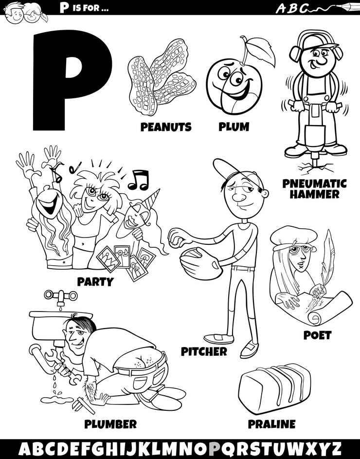 Vector p juego de letras con objetos y personajes de dibujos animados página de colorear