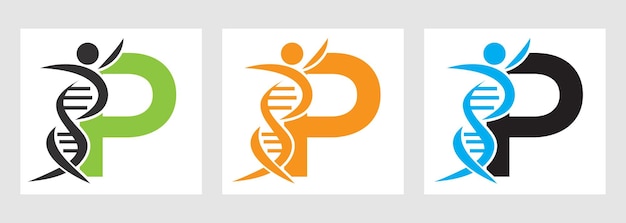 P Logotipo de la letra ADN con símbolo humano Ícono de la célula ADN Signo de atención médica