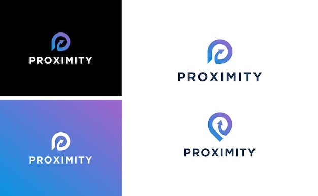 P proximidad inicial del logotipo con el concepto de ubicación del pin y el vector de dirección de la flecha derecha
