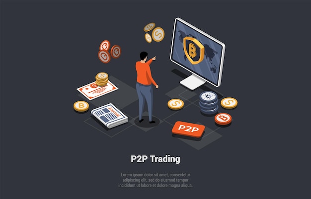 P2P Plataforma en línea de igual a igual para el intercambio de concepto de tecnología financiera de criptomonedas El hombre entra en un acuerdo de depósito Invierte EMoney Investment en Crypto Isometric 3d Vector Illustration
