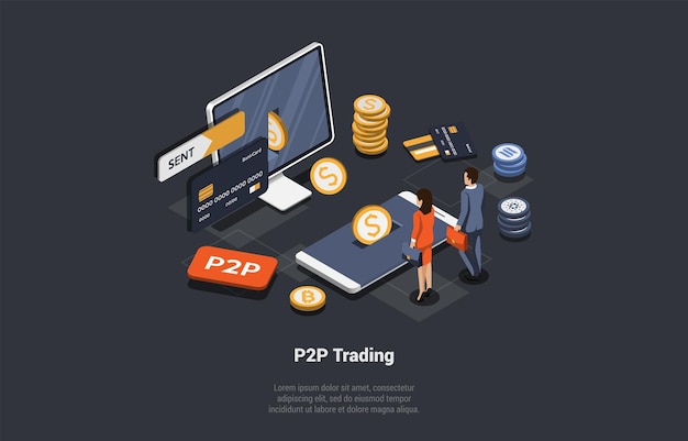 P2P Plataforma en línea punto a punto para el intercambio de criptomoneda Concepto de tecnología financiera Gente de negocios Intercambio directo de dinero digital a través de la aplicación de teléfono inteligente Ilustración vectorial 3d isométrica