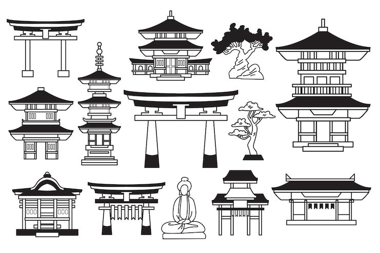 Vector pabellones o pagodas de estilo japonés y chino dibujados a mano en estilo plano