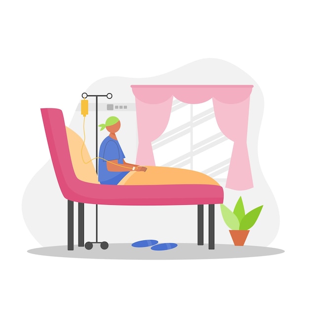 Paciente con cáncer sentado en la cama del hospital mirando la vista desde la ilustración de la ventana.