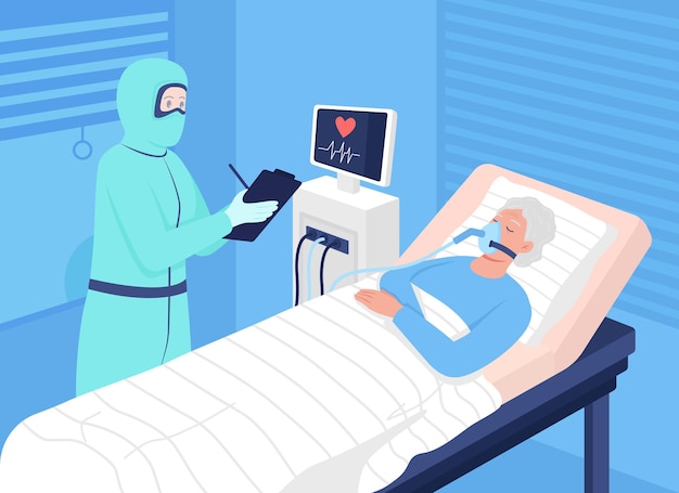 Paciente Covid en la ilustración de vector de color plano de cuidados intensivos. Monitoreo de la estabilidad de las funciones corporales. Persona enferma inconsciente y médico personajes de dibujos animados 2D con hospital en el fondo