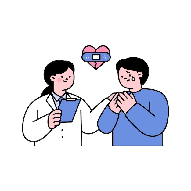 Un paciente cuyo corazón se ha curado después de consultar con un médico esboza una ilustración vectorial simple