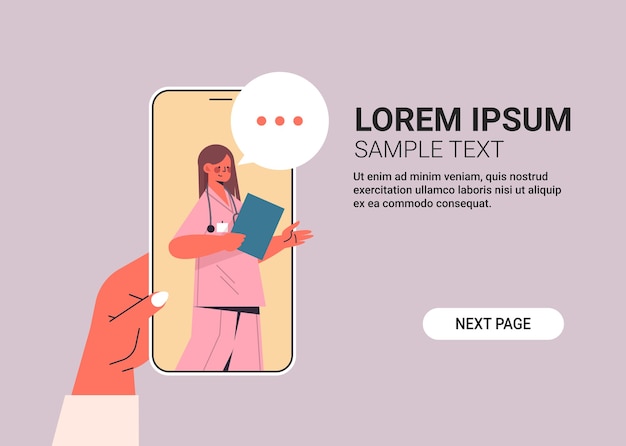 Paciente discutiendo con doctora en la pantalla del teléfono inteligente chat burbuja comunicación consulta en línea medicina sanitaria asesoramiento médico espacio de copia