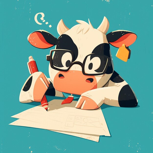 Vector un paciente escritor de vacas al estilo de las caricaturas