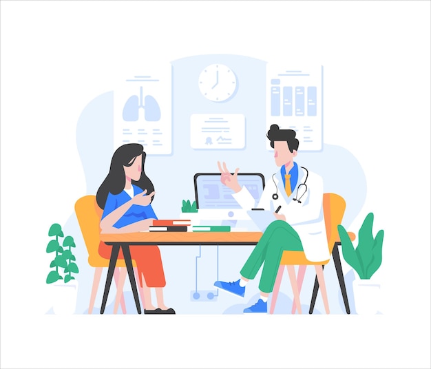 Paciente y médico haciendo ilustración de diseño de estilo plano de consulta médica