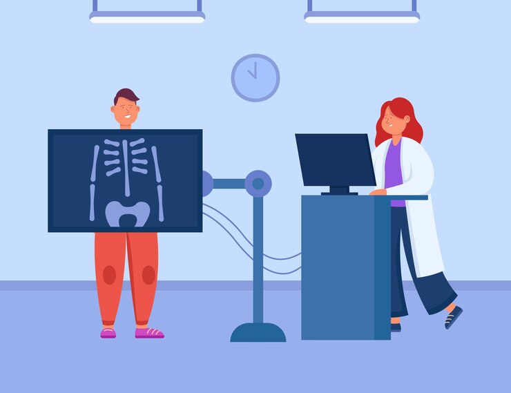 Vector paciente que controla la salud del hueso esquelético con un escáner. doctora examina a hombre para diagnóstico médico en la ilustración de vector plano de hospital. diagnóstico, radiología clínica, concepto de medicina