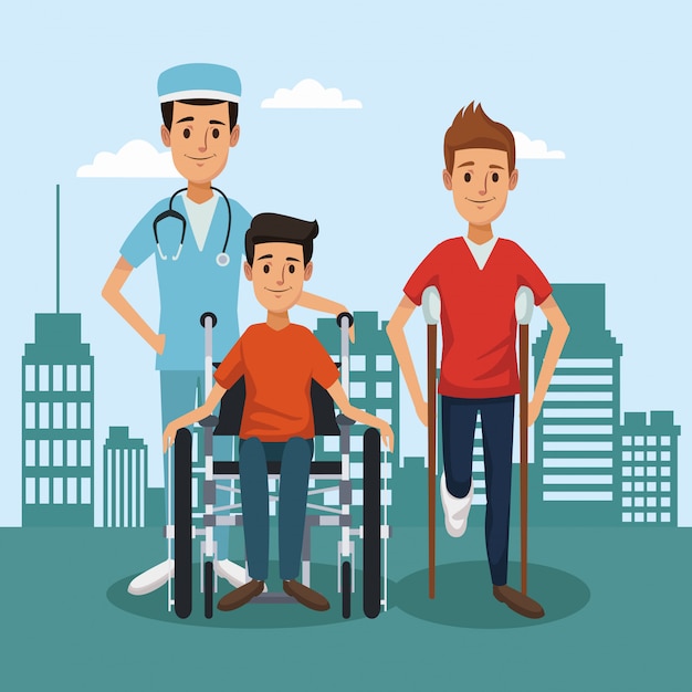 Vector paciente en silla de ruedas fuera de las caricaturas del hospital