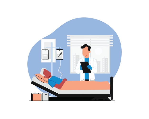 Vector paciente tendido en una cama de hospital y médico examinando al paciente ilustración vectorial en estilo plano