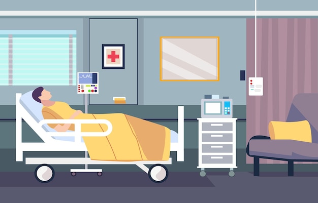 Vector paciente varón enfermo durmiendo en la cama en la sala de internación del hospital