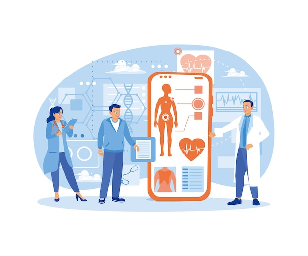Los pacientes realizan consultas médicas en línea El médico explicó desde la pantalla del teléfono móvil El concepto de consulta médica en línea Ilustración vectorial plana