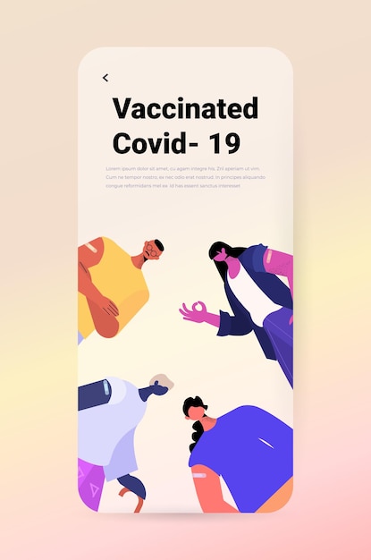 pacientes vacunados después de la inyección de la vacuna con éxito concepto de vacunación covid-19 retrato copia espacio vertical ilustración vectorial