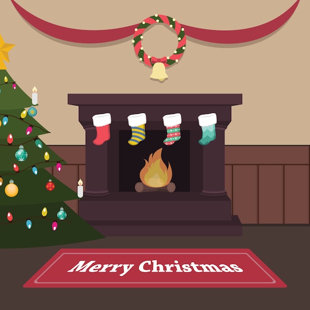 Vector pacífica escena interior de navidad con chimenea y medias