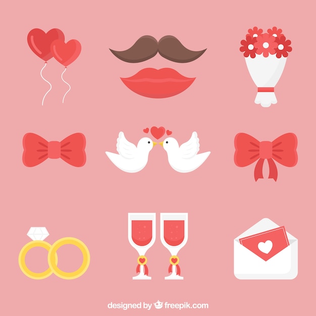 Vector pack adorable de elementos planos de boda