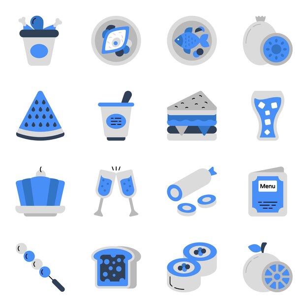 Pack de alimentos e iconos planos comestibles