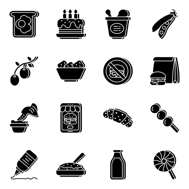 Pack de alimentos e iconos sólidos comestibles