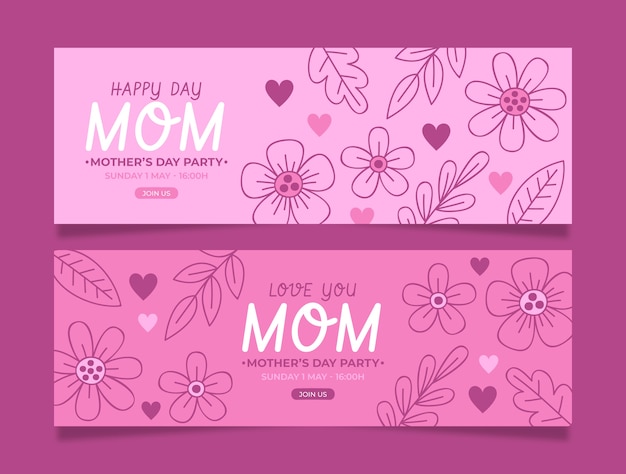 Vector pack de banners horizontales del día de la madre dibujados a mano