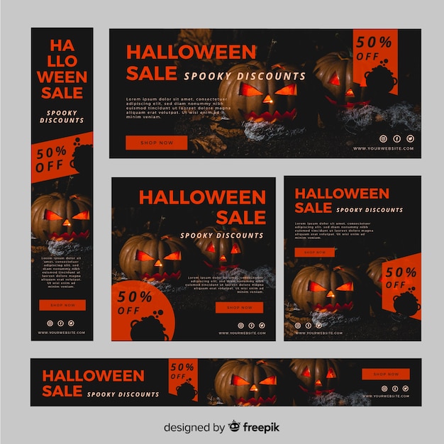 Pack de banners de rebajas web de halloween con foto