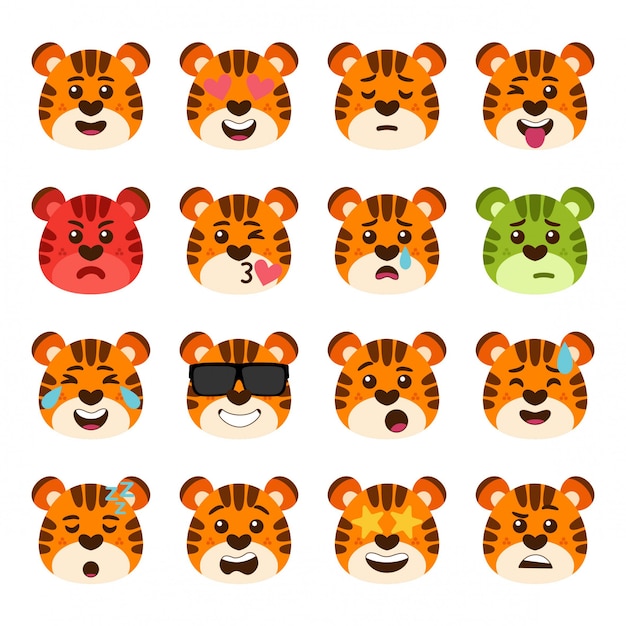 Vector pack de caras de emociones de tigre