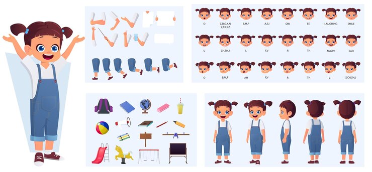 Vector pack de creación de personajes para niñas con poses de vista delantera, lateral y trasera, animación bucal, sincronización de labios, gestos, emociones, con artículos escolares y de patio de recreo para animación e ilustración vectorial de rigging