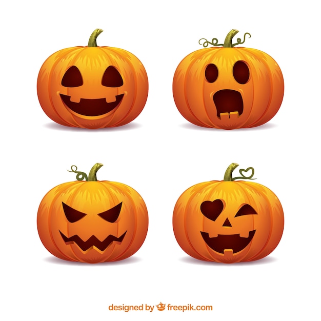 Pack de cuatro calabazas de halloween con caras divertidas