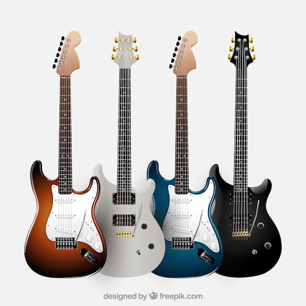 Vector pack de cuatro guitarras eléctricas realistas