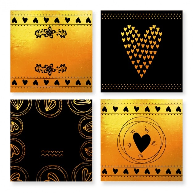 Pack de cuatro tarjetas del día de san valentín negras y doradas