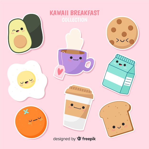 Pack desayuno kawaii dibujada a mano