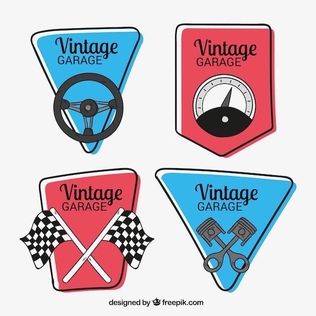 Vector pack dibujado a mano de cuatro logos vintage de coches