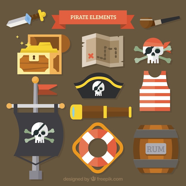 Vector pack de elementos pirata en diseño plano