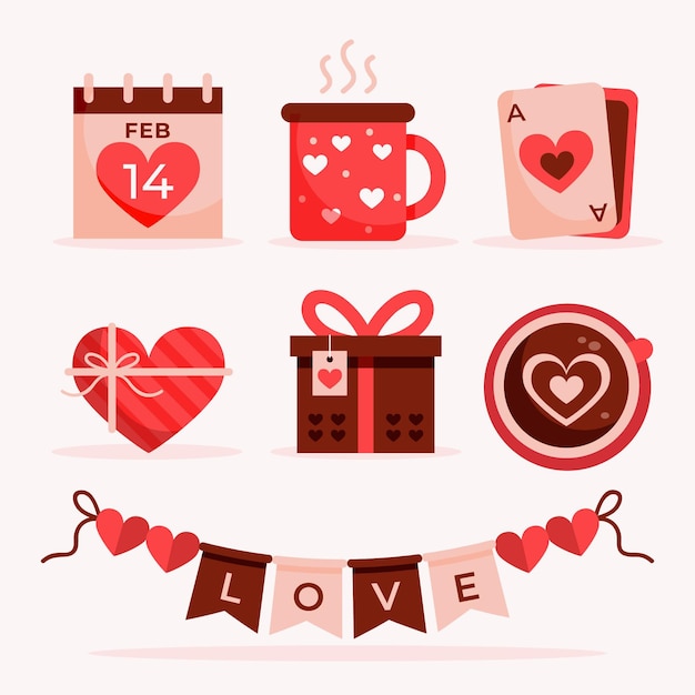 Vector pack de elementos planos de san valentín