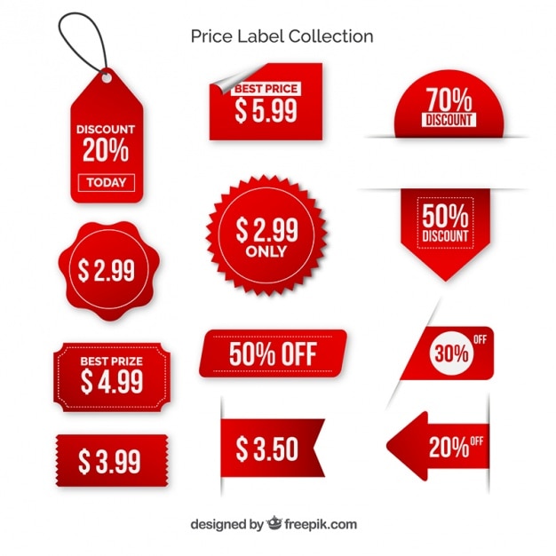 Vector pack de etiquetas de precios rojas con letras blancas