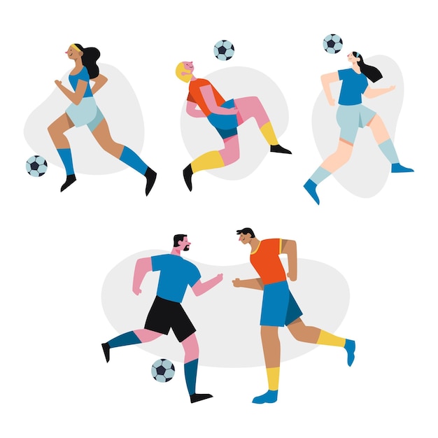 Vector pack de futbolistas de entrenamiento plano