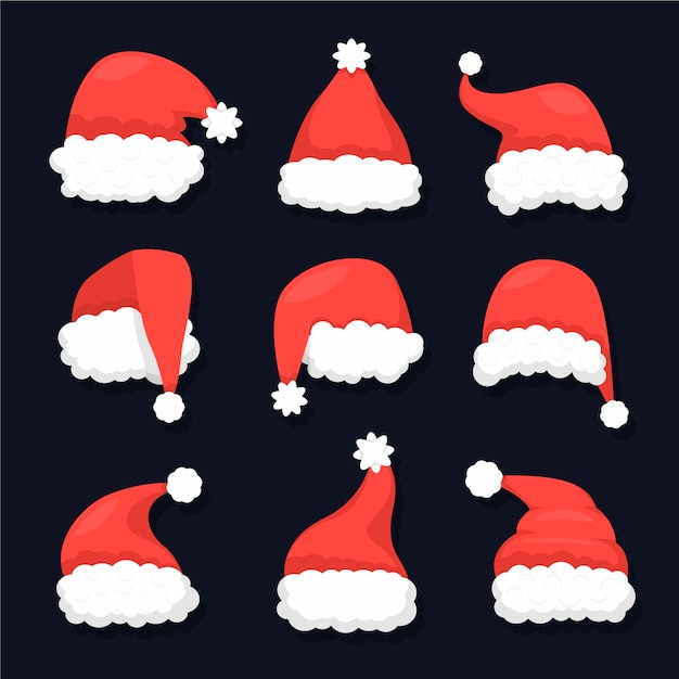 Vector pack de gorros de santa de diseño plano