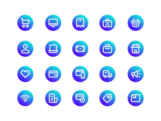 Pack de iconos de comercio electrónico y compras en línea en estilo de contorno circular gradiente Perfecto para sitios web páginas de aterrizaje aplicaciones móviles y presentaciones adecuadas para interfaz de usuario o experiencia de usuario UI UX