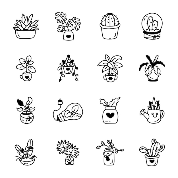 Pack de iconos dibujados a mano de plantas de interior