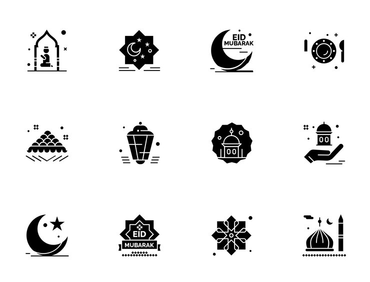 Pack de iconos de glifos sólidos de Ramadán que incluye la mezquita de habla musulmana islámica