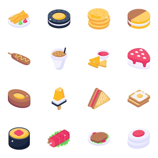 Vector pack de iconos isométricos de comida deliciosa