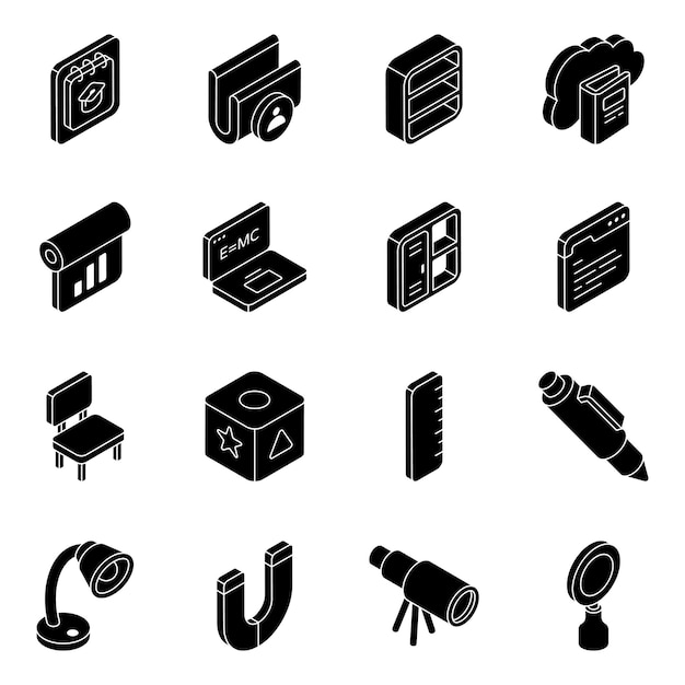Pack de iconos isométricos sólidos de estudio