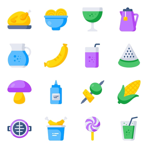 Pack de iconos planos de bebidas y artículos horneados