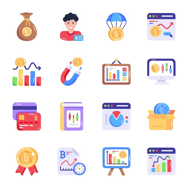Pack de iconos planos de la bolsa de valores